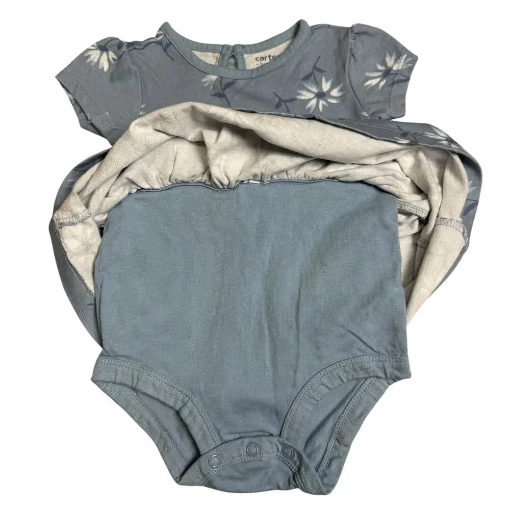 NWOT Carters Bodysuit Dress Baby Girl Flowers Blue 9 Months